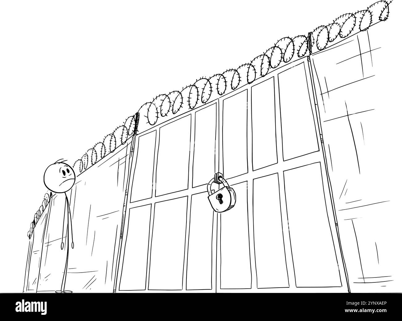 Frustrated or shocked person watching locked or closed gate and wall , vector cartoon stick figure or character illustration. Stock Vector