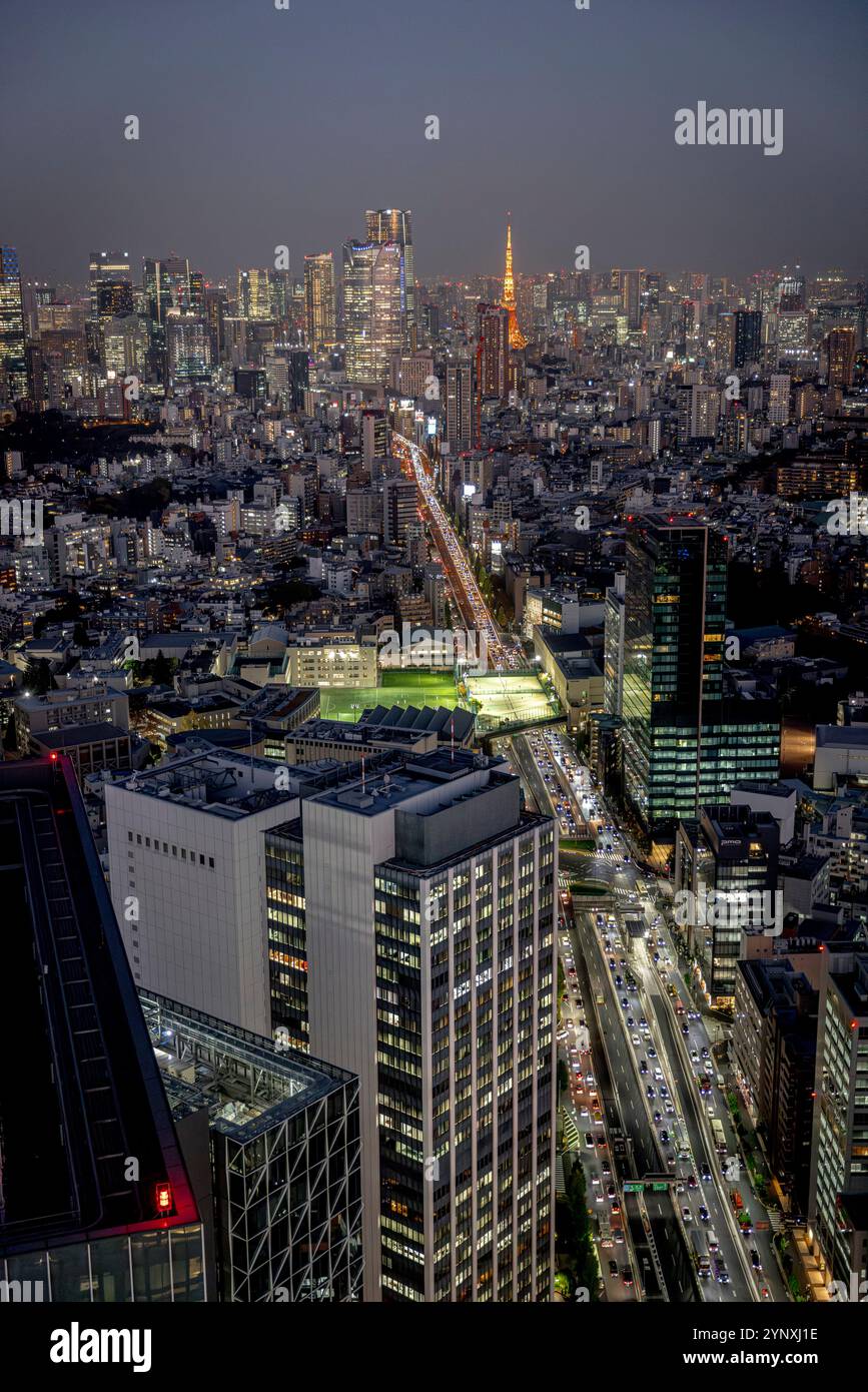 Tokyo skyline at dusk showing traffic flowing on highway and tokyo ...