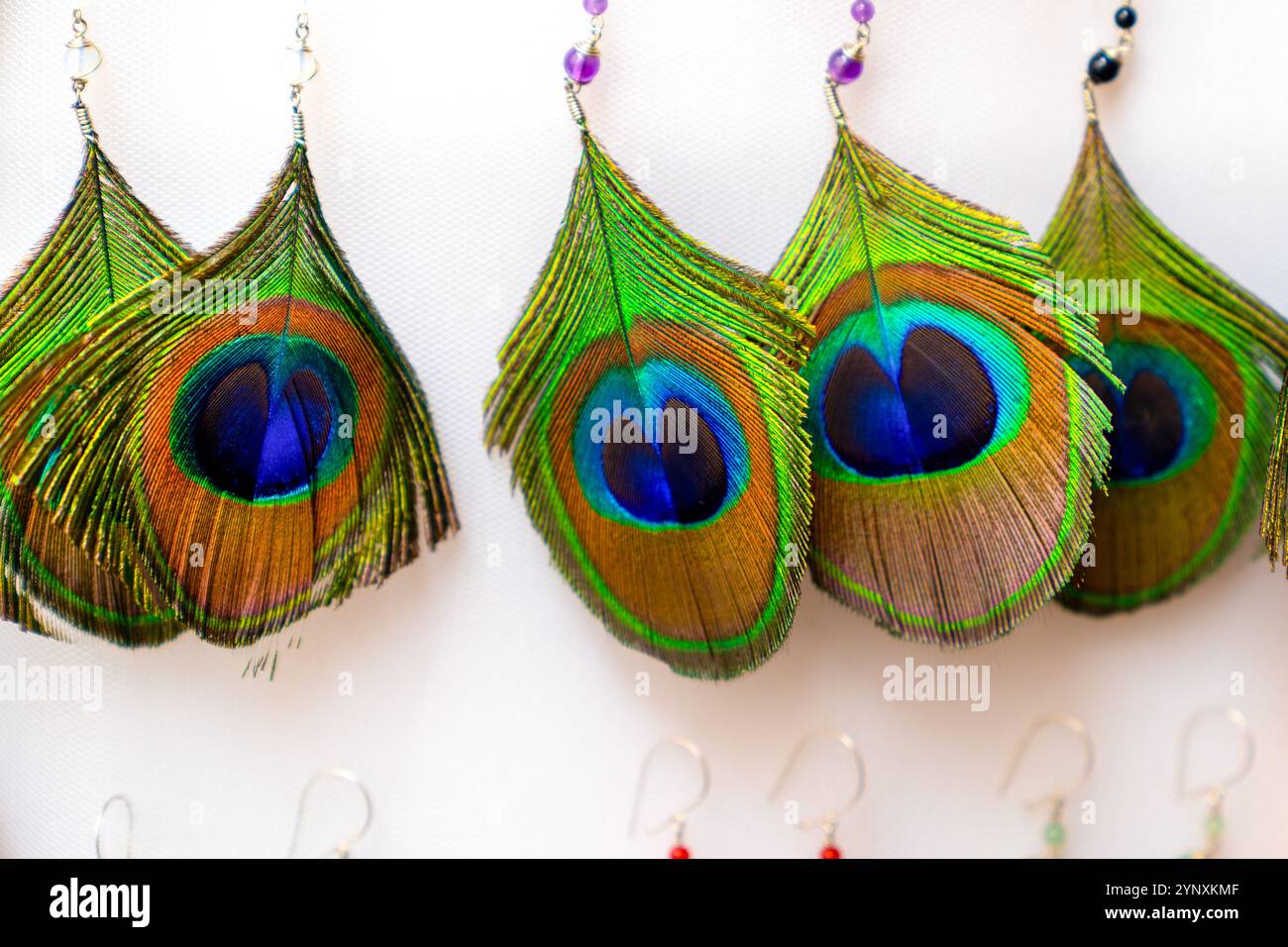 Earring made from colorful peacock wings Stock Photo