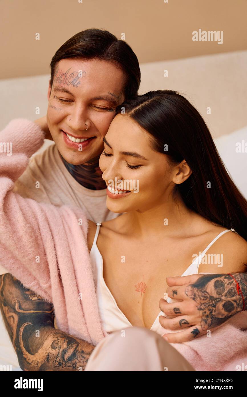 A couple enjoys a heartfelt embrace, radiating love and connection in ...
