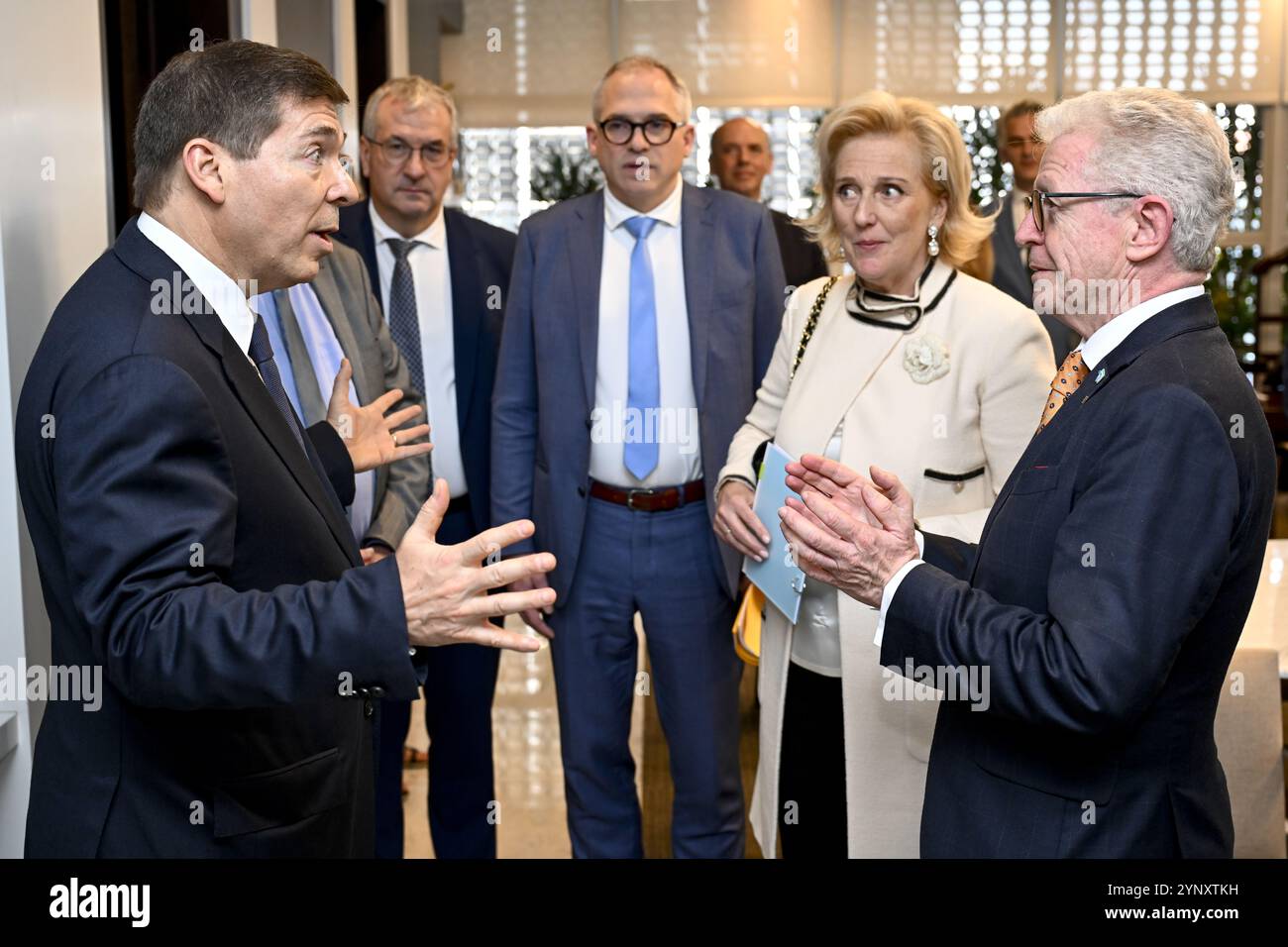 Sao Paulo, Brazil. 27th Nov, 2024. Fiesp president Josué Gomes, Princess Astrid of Belgium, Brussels region Minister-President Rudi Vervoort, FEB-VBO President Rene Branders, Flemish Minister-President Matthias Diependaele and MR's Pierre-Yves Jeholet pictured during a meeting on the fifth day of an economic mission to Brazil (22/11-01/12), in Sao Paulo, Wednesday 27 November 2024. Princess Astrid is in Brazil for a nine days visit in the country along with a Belgian economic mission. BELGA PHOTO DIRK WAEM Credit: Belga News Agency/Alamy Live News Stock Photo