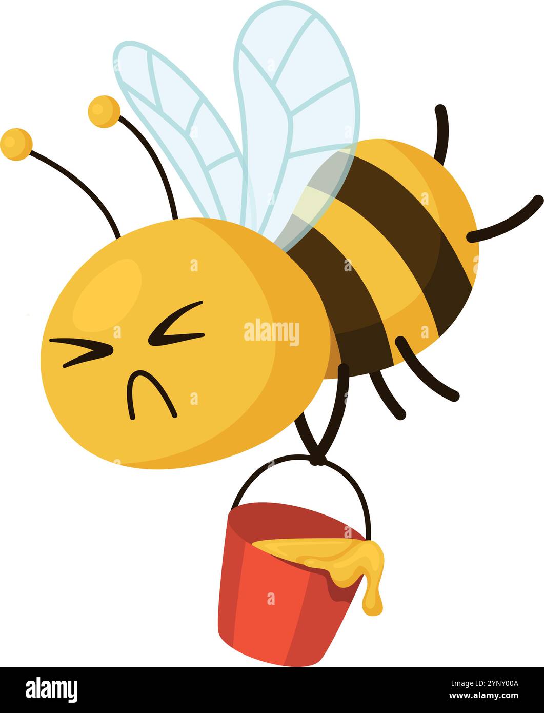 A cartoon bee is holding a bucket of honey and is looking down. The bee ...