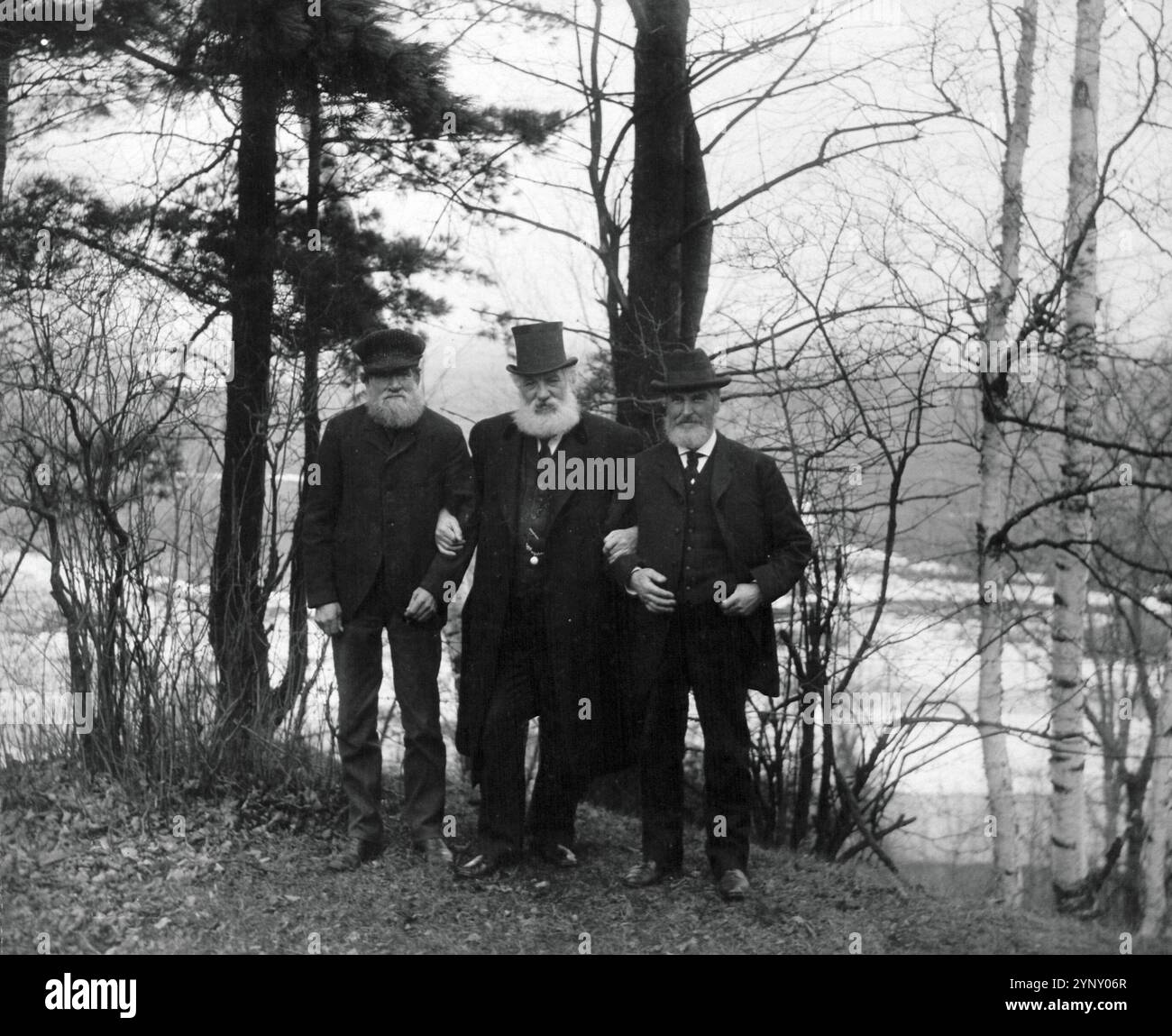 Dr. Bell, Mclntyre and Brooks who laid the first line at home of the telephone, 1906 - photo by Park and Company Stock Photo