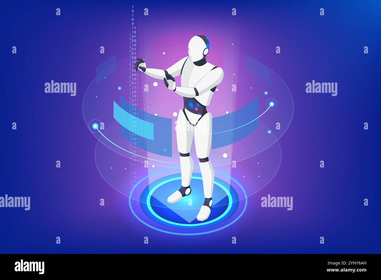Isometric AI Artificial Intelligence. Artificial intelligence enables robots to master data processing for business analytics. They detect trends Stock Vector