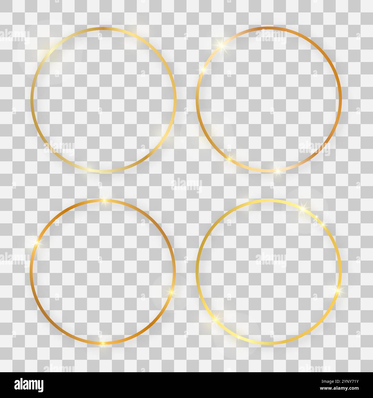 Set of four gold shiny round frames with glowing effects and shadows on transparent background. Vector illustration Stock Vector