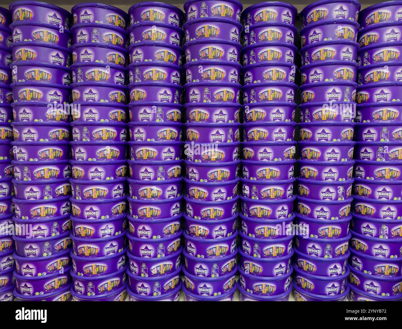 Stacked tubs of Cadburys Heroes ready for Christmas: Phillip Roberts - Smartphone Captured Stock Image