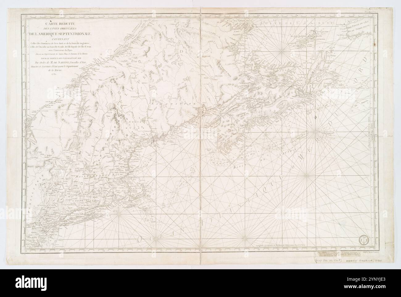 Carte rÃ©duite des cÃ´tes orientales de l'AmÃ©rique septentrionale : contenant celles des provinces de New-York et de la Nouvelle Angleterre, celles de l'Acadie ou Nouvelle Ecosse de l'Ãle Royale de l'Ãle St. Jean avec l'intÃ©rieur du pays 1780 by Petit, Sculp. Stock Photo