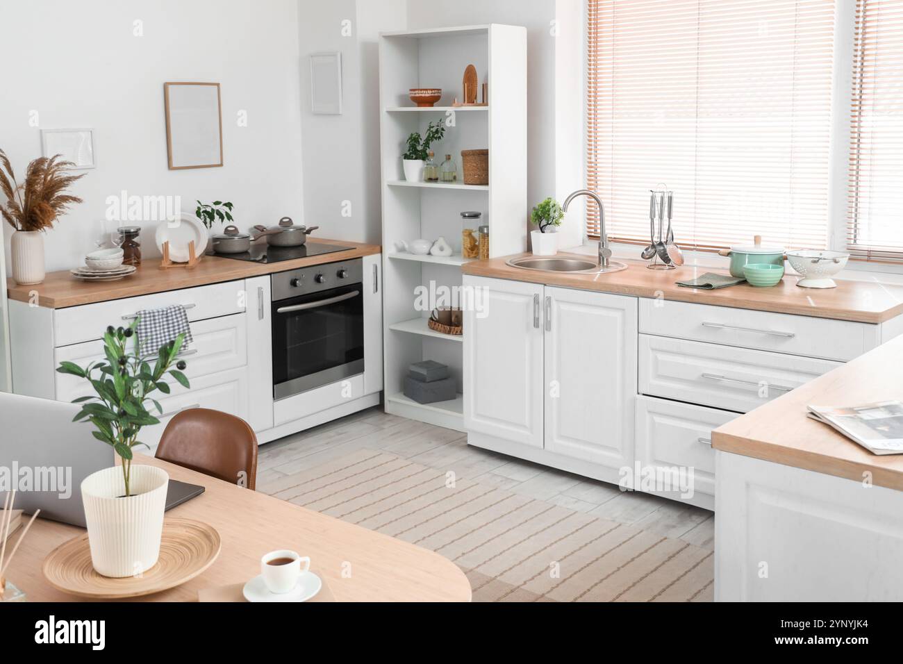 Interior of light kitchen with dining table, counters and plants Stock ...