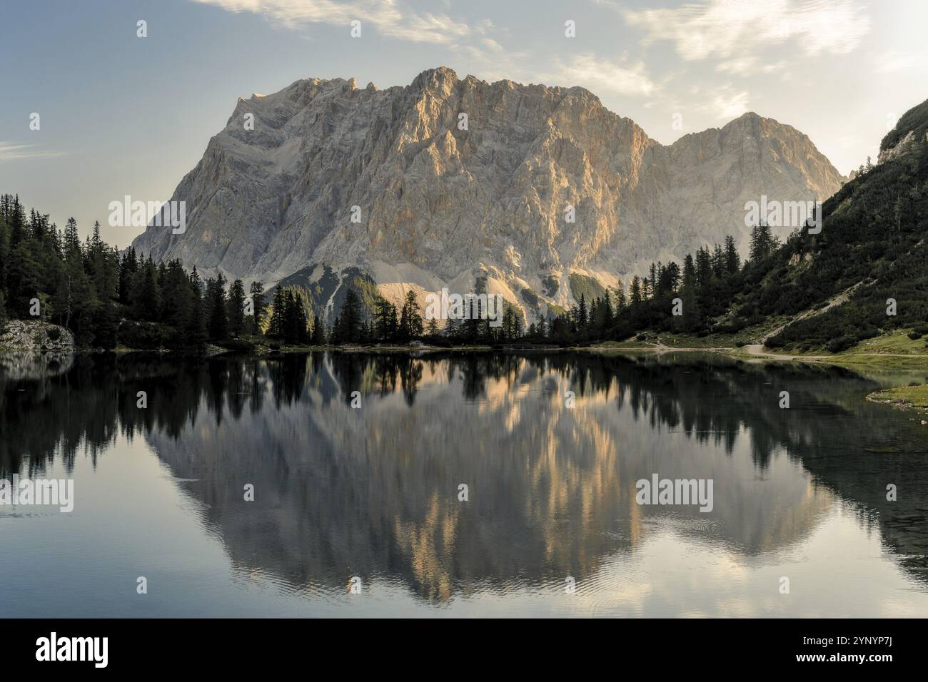 Lake Seebensee with reflection of Mountain Zugspitze at sunrise Stock ...