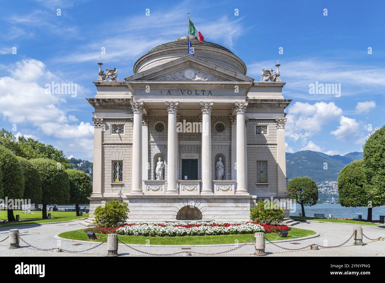 COMO, ITALY, AUGUST 6, 2021: Museum Tempio Voltiano exterior on Lake Como, dedicated to the Italian physicist Alessandro Volta Stock Photo