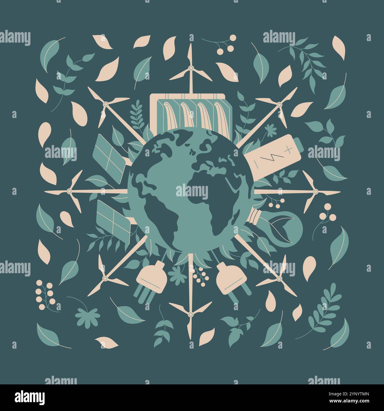 Vector flat art illustration featuring a globe surrounded by symbols of ...