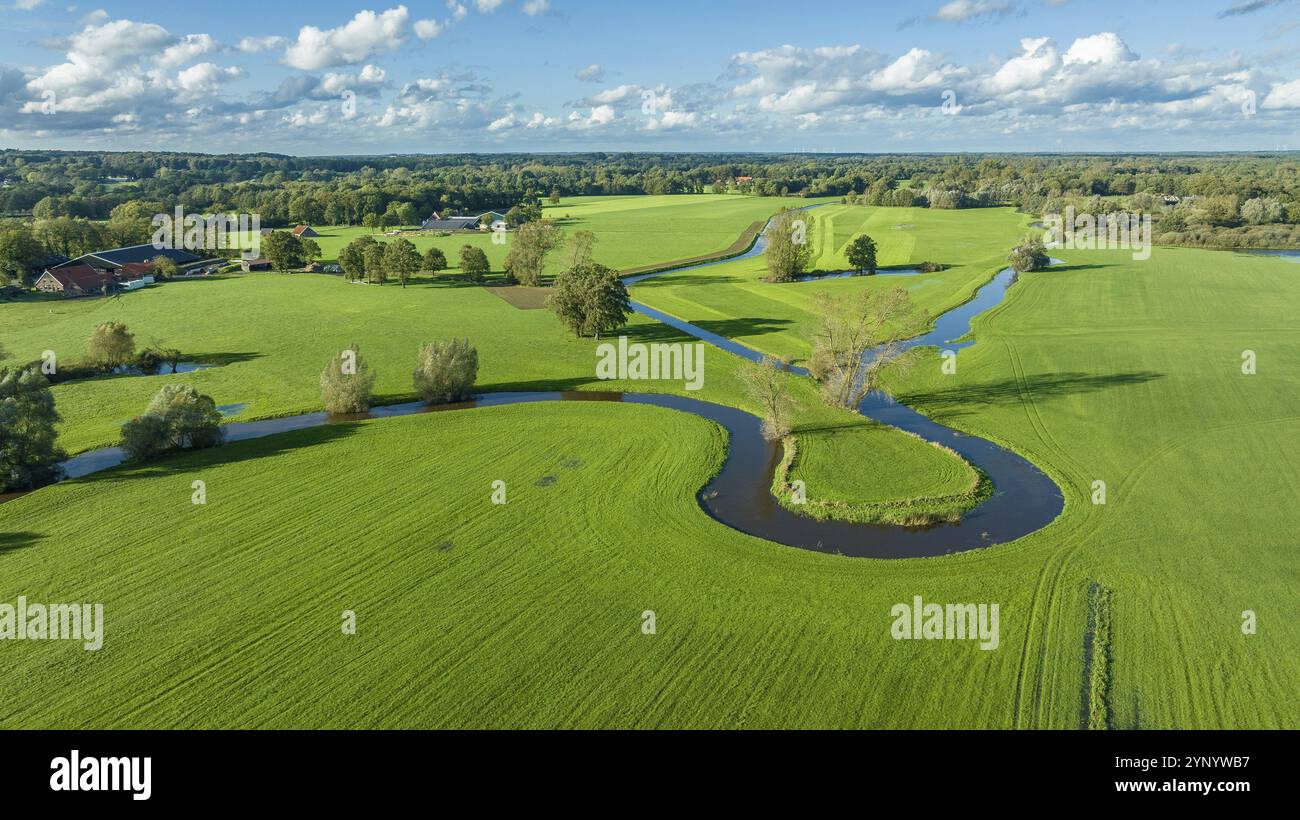 Aerial view of a beautiful green landscape with a small river flowing ...