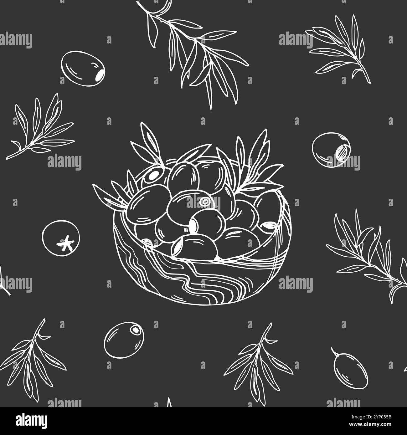 Seamless Pattern with Branches and Olive Fruits in Wooden Bowl on black background. Graphic art. Hand drawn Vector Black and white illustration. Can Stock Vector