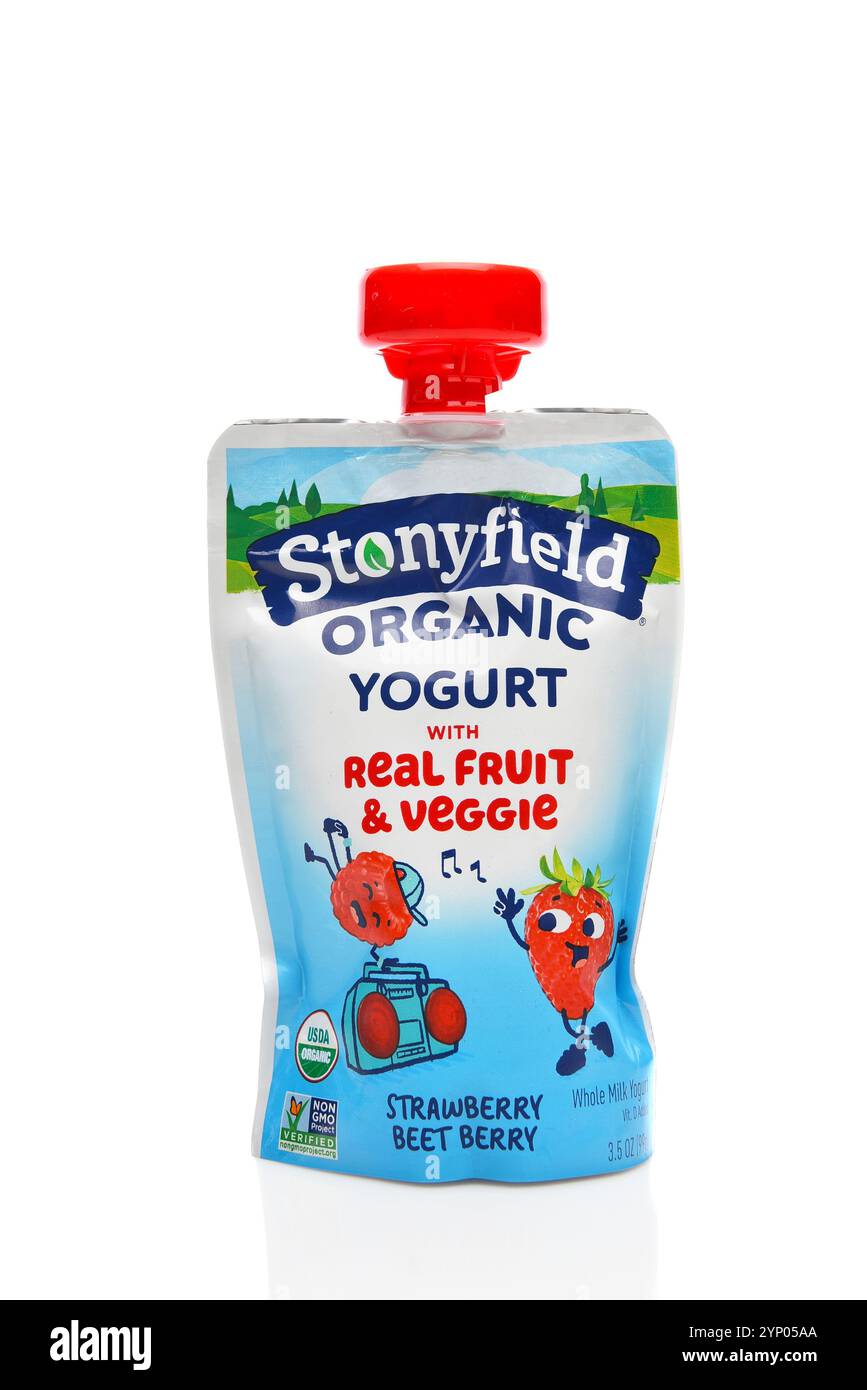 IRVINE, CALIFORNIA - 27 NOV 2024: A Stonyfield Organic Yogurt Strawberry and Beet Berry Pouch for Toddlers. Stock Photo