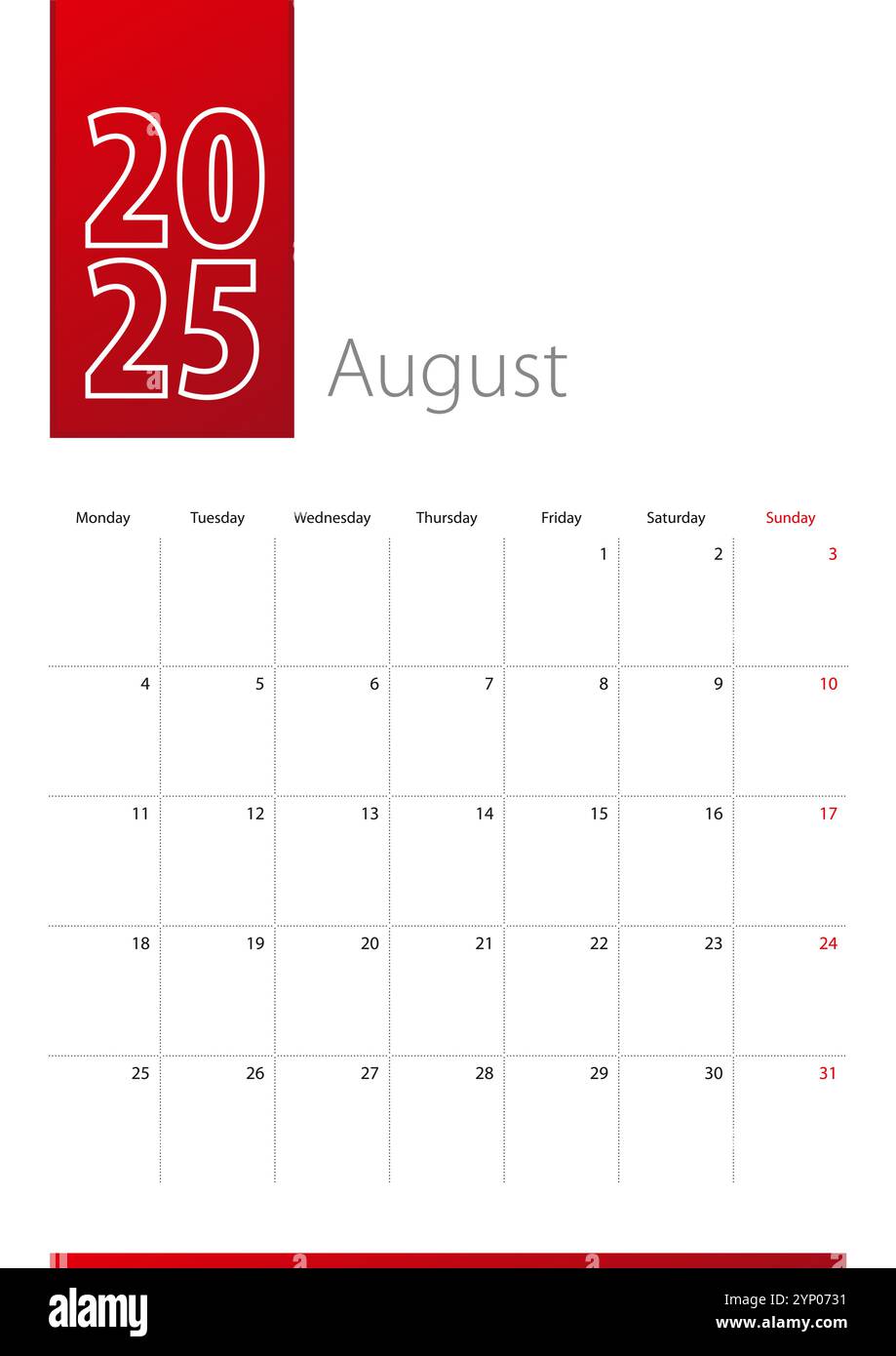 August 2025 calendar design. Week starts on Monday. Vertical 2025 calendar template Stock Vector
