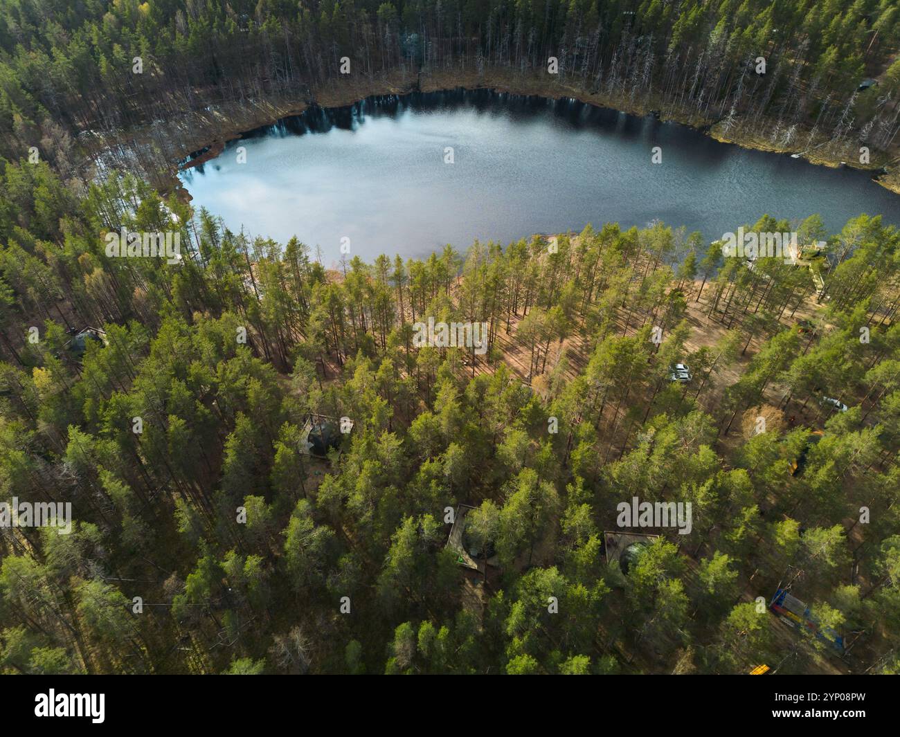 Aerial View of the Serene Forest Lake Completely Surrounded by Lush ...