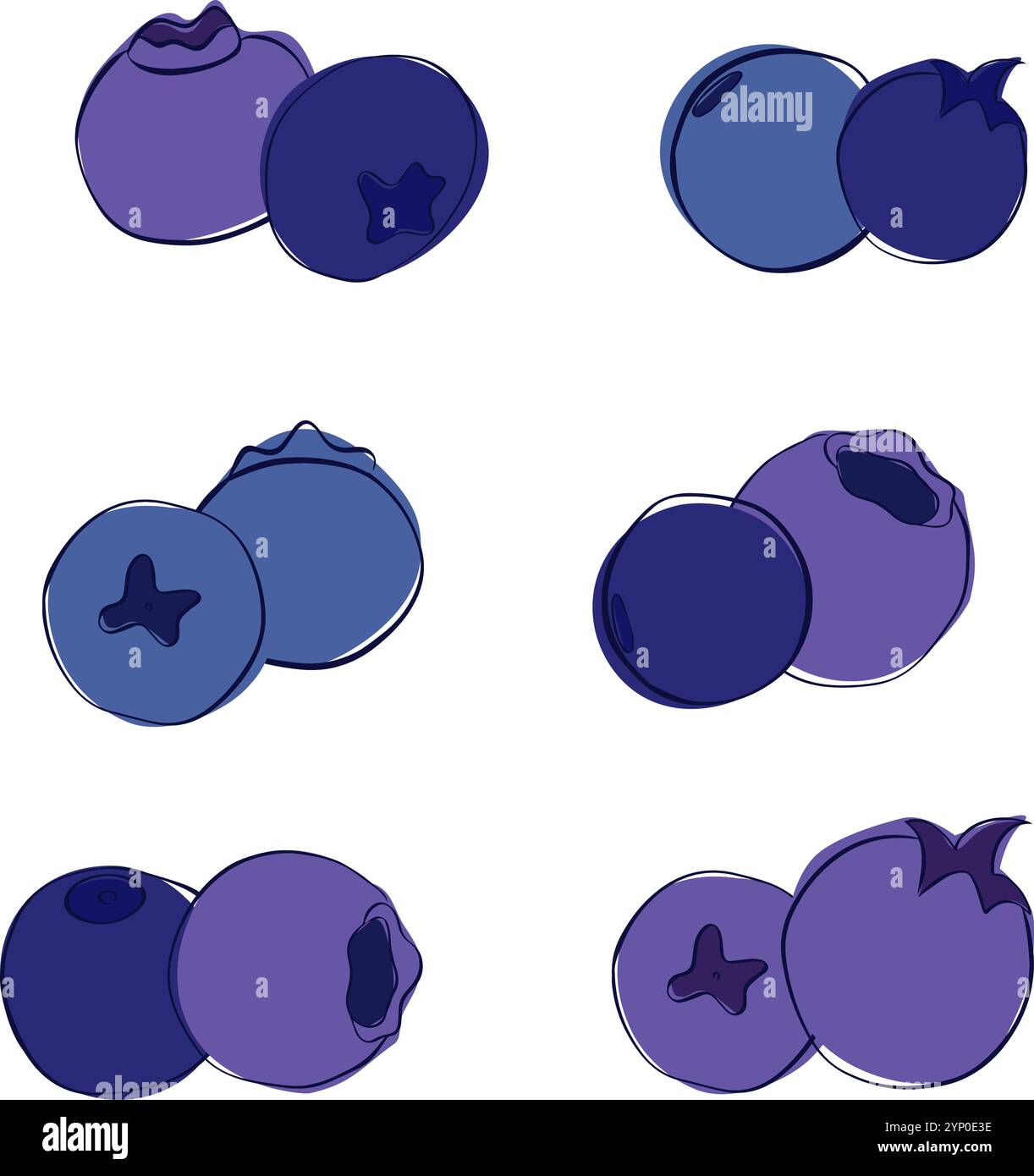 Blueberry composition set. Graphic line two blue berries. A branch of ripe bilberry lies on the table. Vector Illustration for packaging of eco-produc Stock Vector
