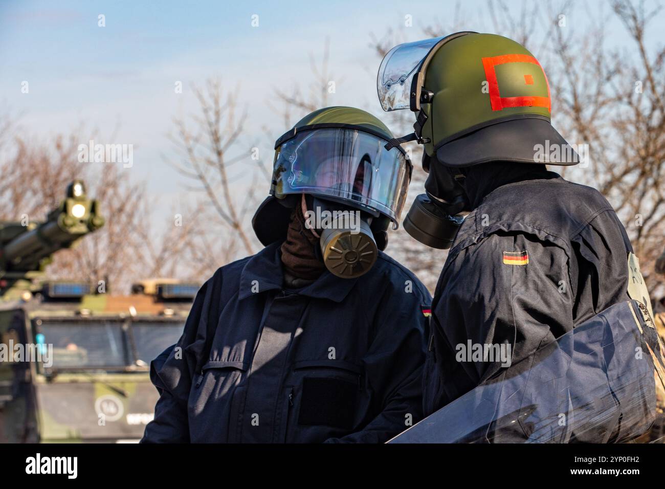 Multinational soldiers assigned to the NATO-led KFOR mission participated in the Golden Sabre exercise at Camp Vrelo, Kosovo, on Nov. 25, 2024. Golden Sabre is a large-scale crowd riot control response exercise, ensuring KFOR and partner organizations are prepared to respond if needed to maintain freedom of movement and promote a safe and secure environment for all people in Kosovo. (U.S. Army National Guard photo by Sgt. Grace Wajler) Stock Photo