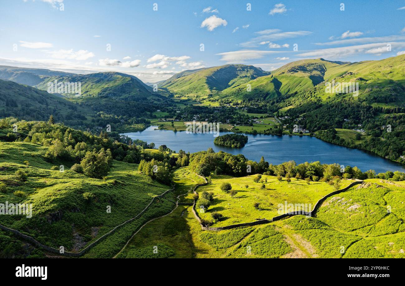 Grasmere lake and valley, Lake District National Park, England. North from above High Close toward Helm Crag, Dunmail Raise, Seat Sandal and Fairfield Stock Photo