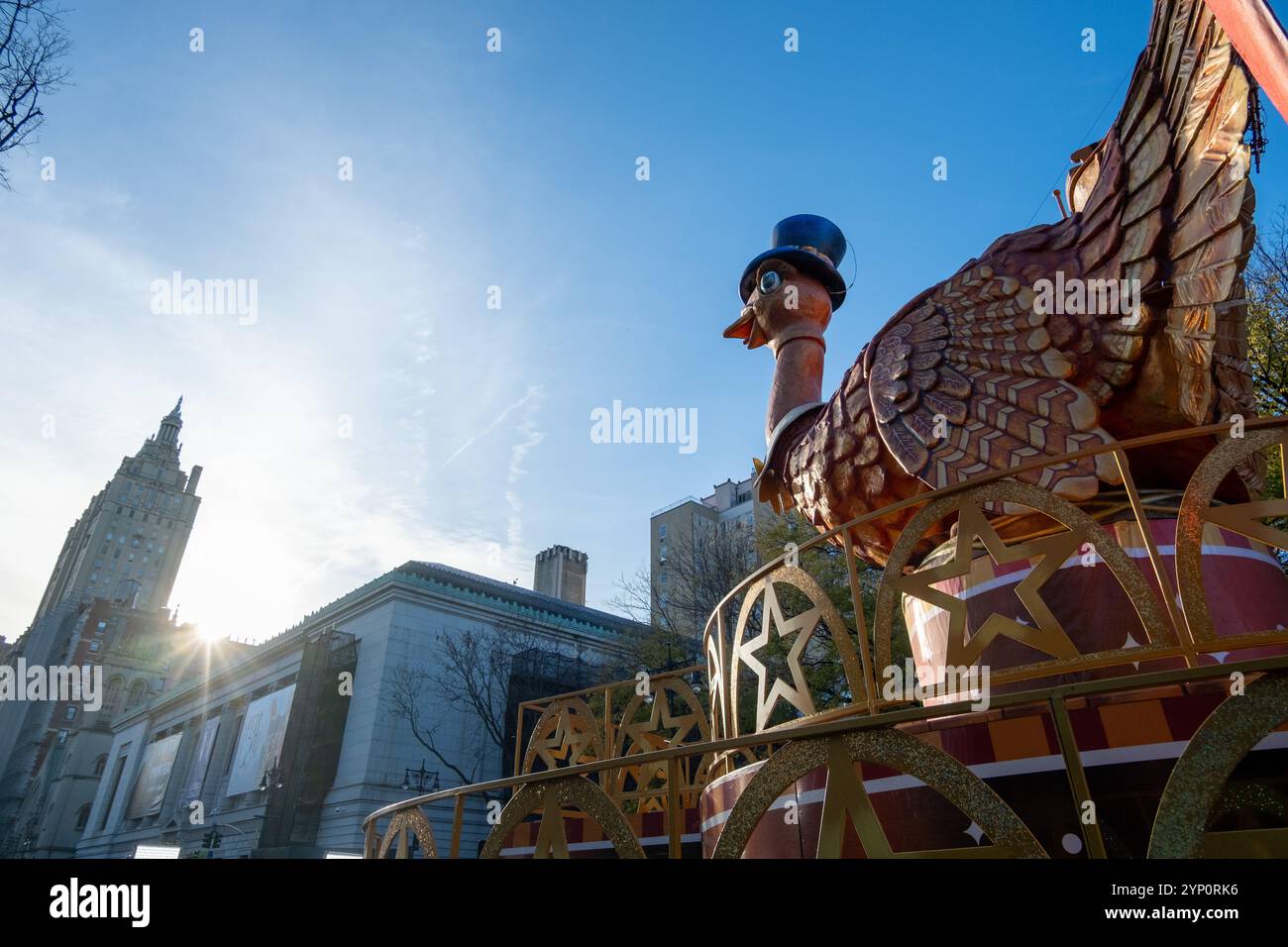 USA. 27th Nov, 2024. The Thanksgiving Turkey float. Balloons and floats are prepared for the 2024 Macy's Thanksgiving Parade in New York, NY, on November 27, 2024. (Photo by Lily Ride/Sipa USA) Credit: Sipa USA/Alamy Live News Stock Photo