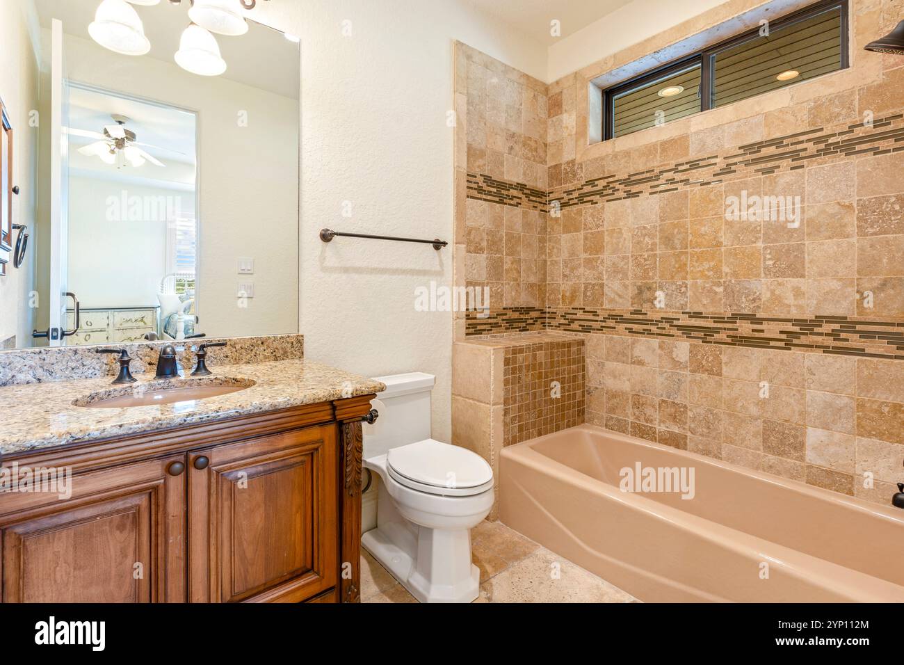 Elegant bathroom design featuring unique tile work and spacious layout Stock Photo