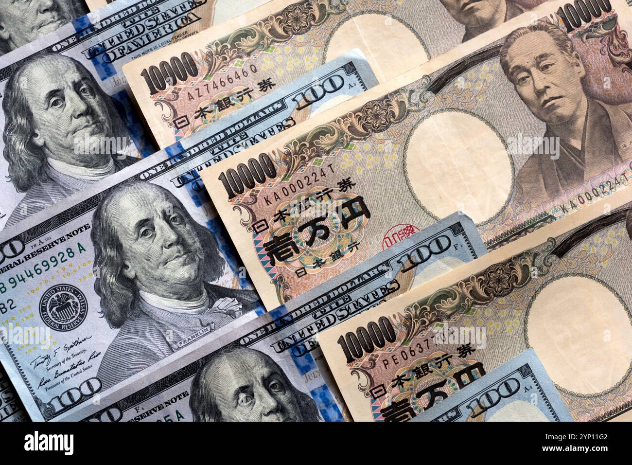 Pattern of US Dollars and Japanese Yen in large 100 and 10,000 Yen