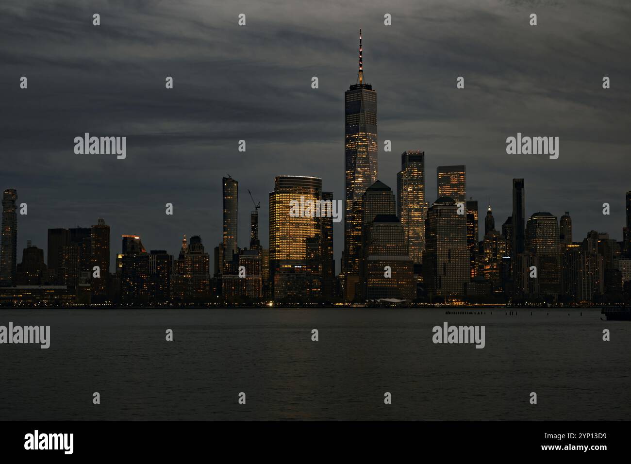 One World Trade Center. NYC skyline. NYC tourism. Business city concept. World Trade Center over Hudson river. Stock Photo