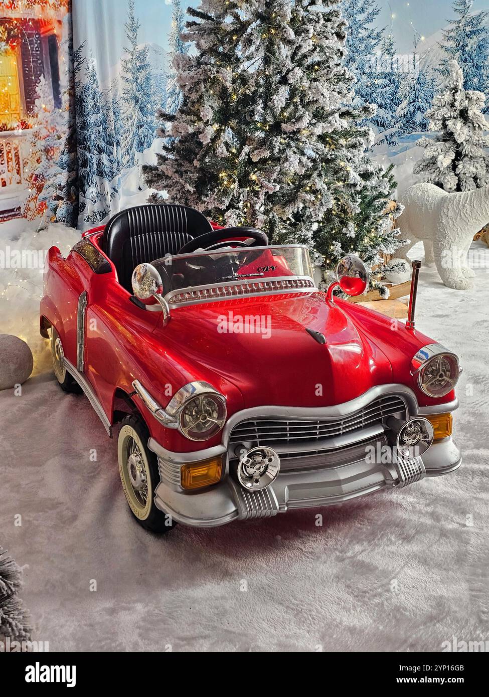 Red retro car with Christmas tree Stock Photo