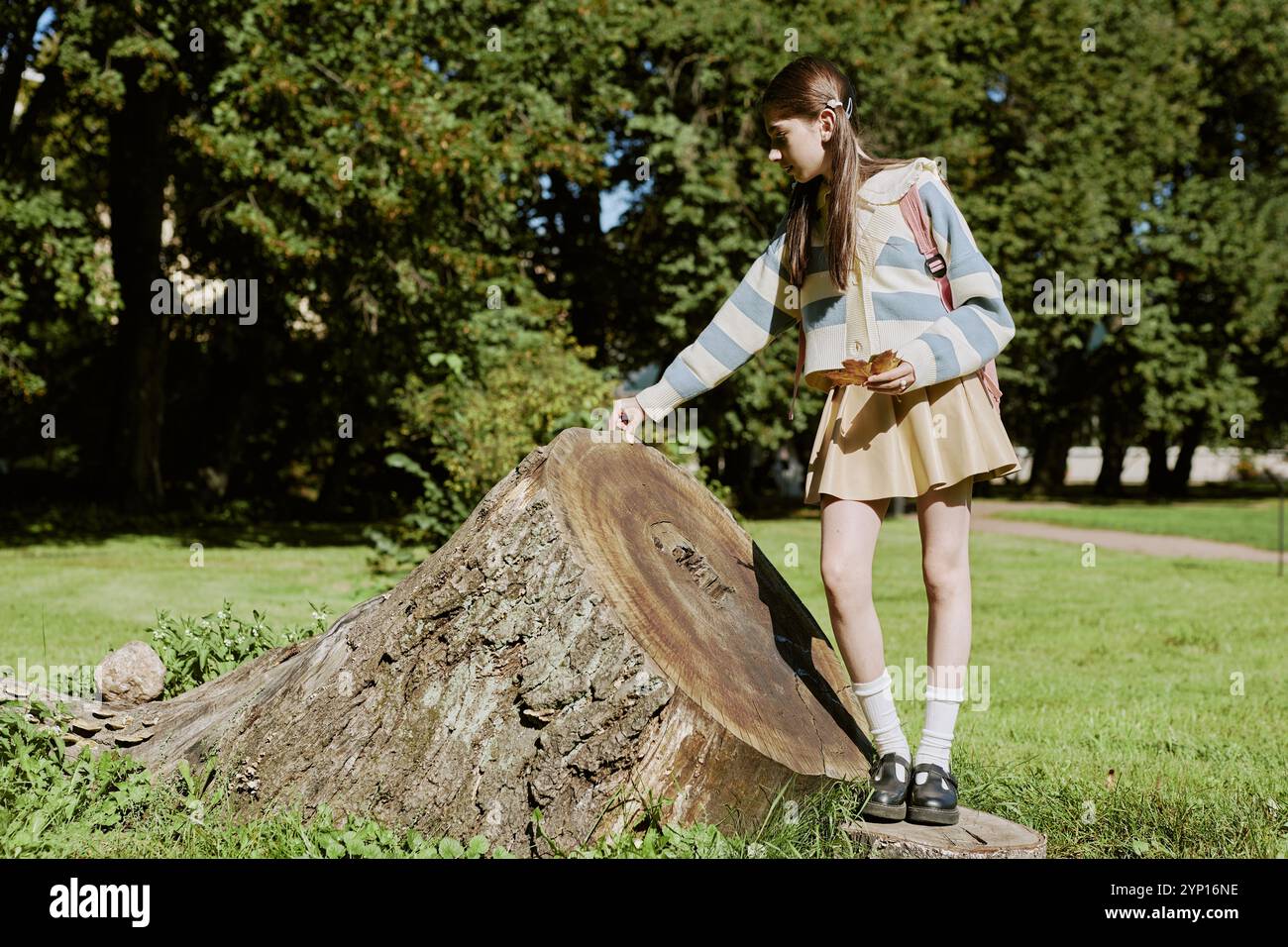 Teen Girl Touching Old Tree Stump Stock Photo