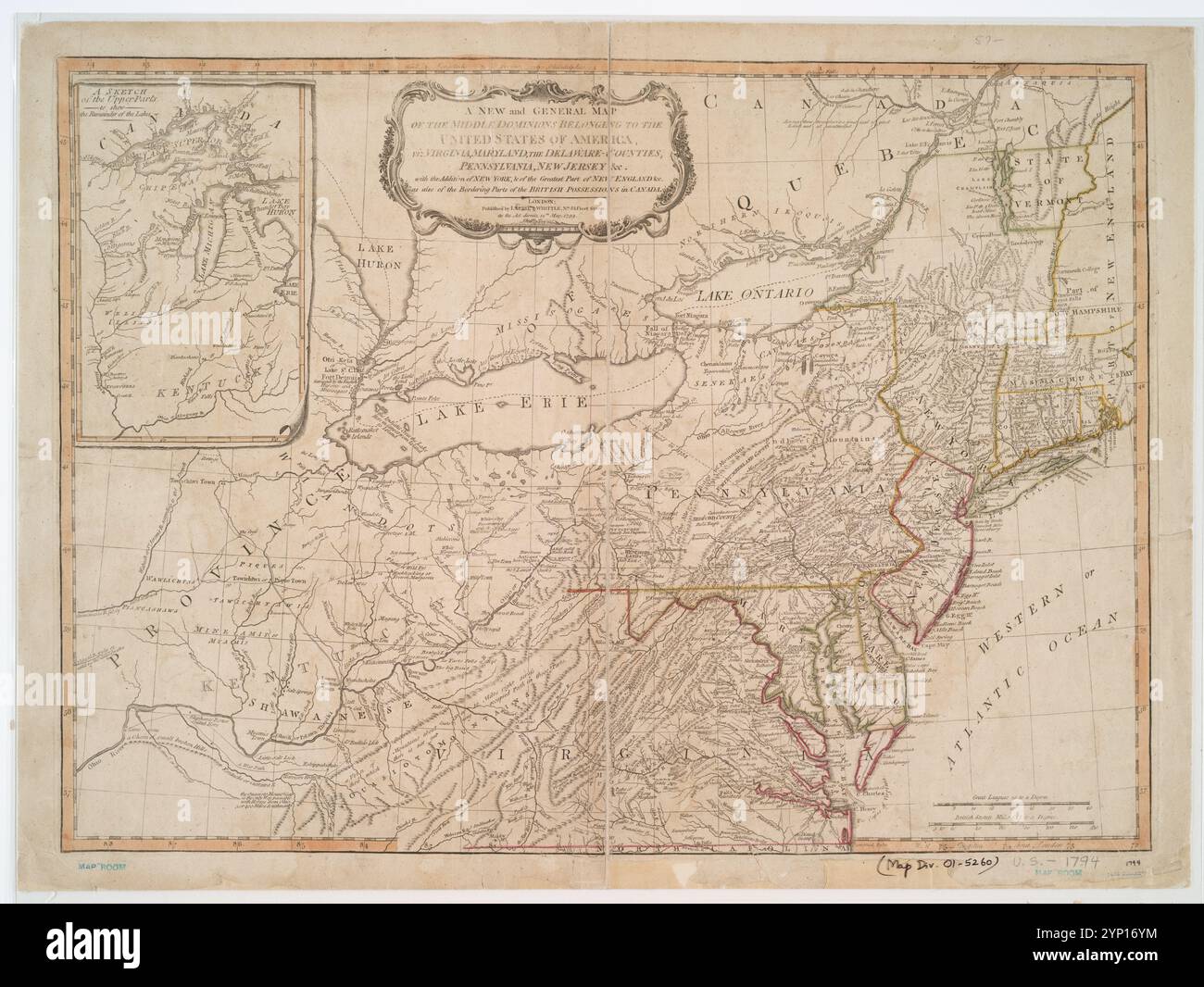 A new and general map of the middle - A New And General Map Of The Middle Dominions Belonging To The United States Of America Viz Virginia Maryland The Delaware Counties Pennsylvania New Jersey C With The Addition Of New York Of The Greatest Part Of New England C As Also Of The Bordering Parts Of The British Possessions In Canada 1794 05 12 By Laurie Whittle 2YP16YM 