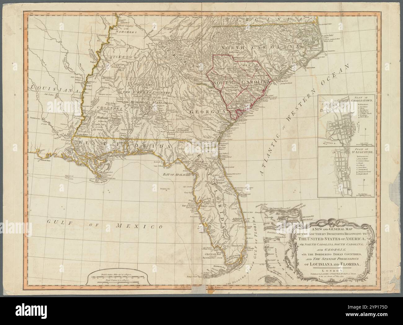 A new and general map of the southern - A New And General Map Of The Southern Dominions Belonging To The United States Of America Viz North Carolina South Carolina And Georgia With The Bordering Indian Countries And The Spanish Possessions Of Louisiana And Florida 1794 By Whittle Laurie 2YP175D 