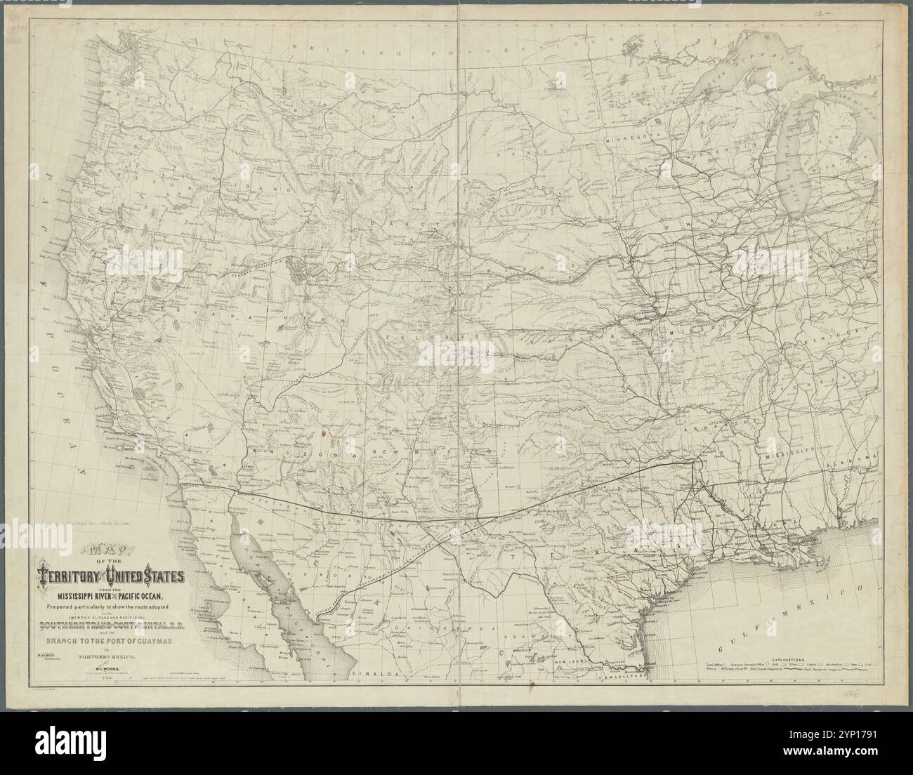 Map of the territory of the United States from the Mississippi River to the Pacific Ocean: prepared particularly to show the route adopted for the (Memphis, El-Paso and Pacific or) Southern Trans-Continental R.R. and its branch to the port of Guaymas in northern Mexico 1868 by Woods, W. L. (William L.) Stock Photo