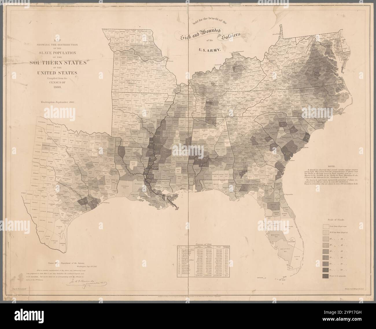 Map showing the distribution of - Map Showing The Distribution Of The Slave Population Of The Southern States Of The United States 1861 By Leonhardt Theo Theodore 1818 1877 2YP17GH