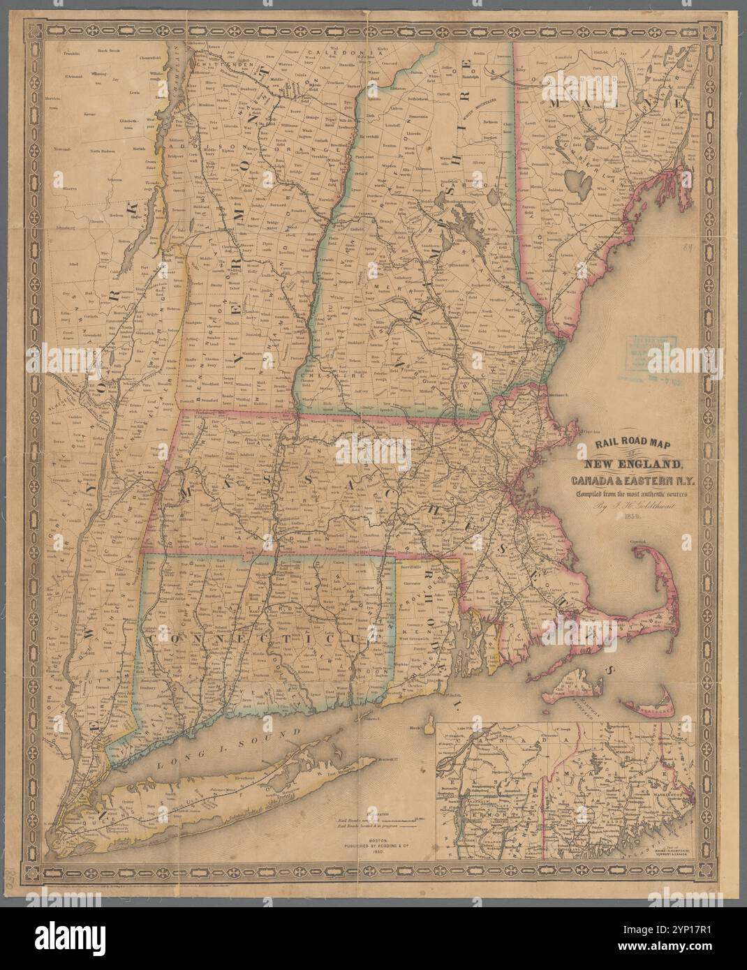 Rail road map of New England, Canada, & eastern N.Y.: compiled from the most authentic sources 1850 by Goldthwait, J. H. Stock Photo