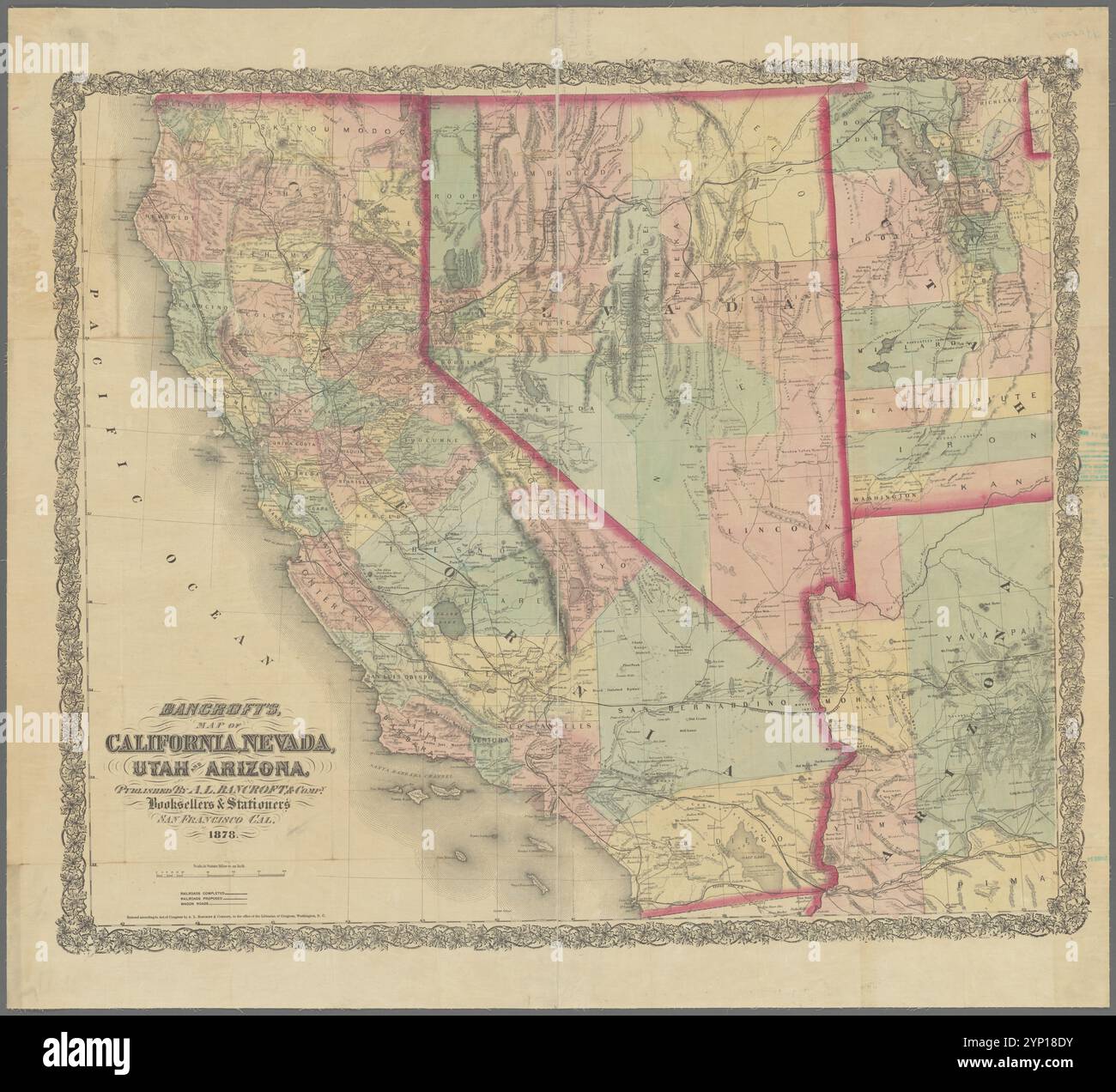 Bancrofts map hi res stock photography - Bancrofts Map Of California Nevada Utah And Arizona 1878 2YP18DY