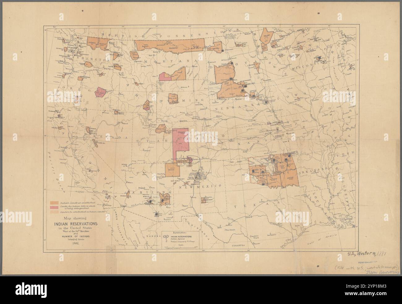 Map showing Indian reservations - Map Showing Indian Reservations In The United States West Of The 84th Meridian And Number Of Indians Belonging Thereto 1881 1882 2YP18M3 