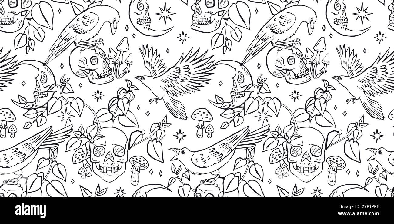 Black and white Seamless pattern with hand drawn inky ravens or crows sitting on human skulls Stock Vector