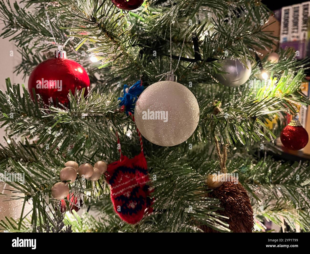 Close up of Christmas tree with lights and bauble - Smartphone Captured Stock Image