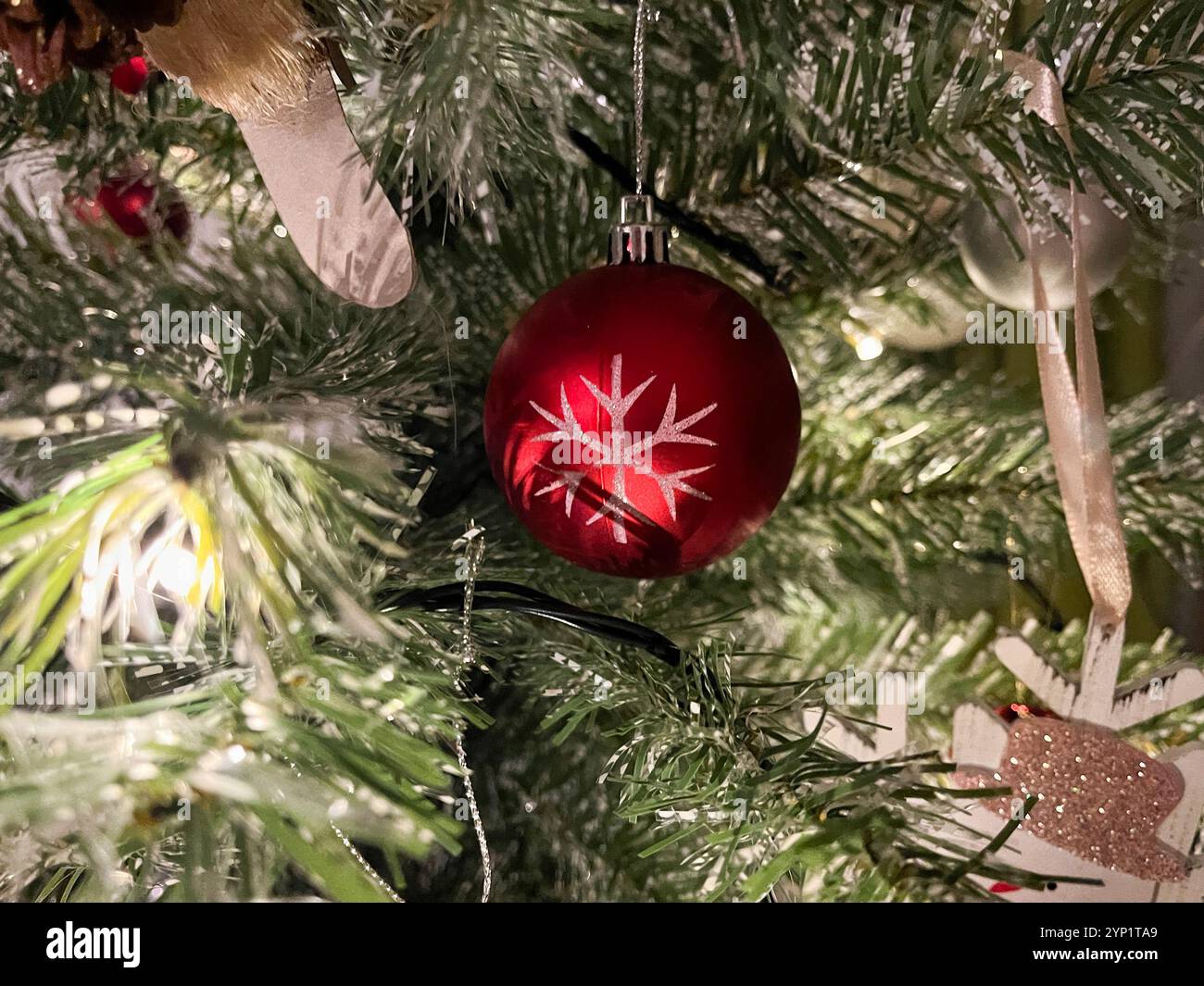 Close up of Christmas tree with lights and bauble - Smartphone Captured Stock Image
