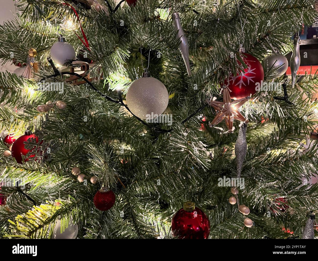 Close up of Christmas tree with lights and bauble - Smartphone Captured Stock Image