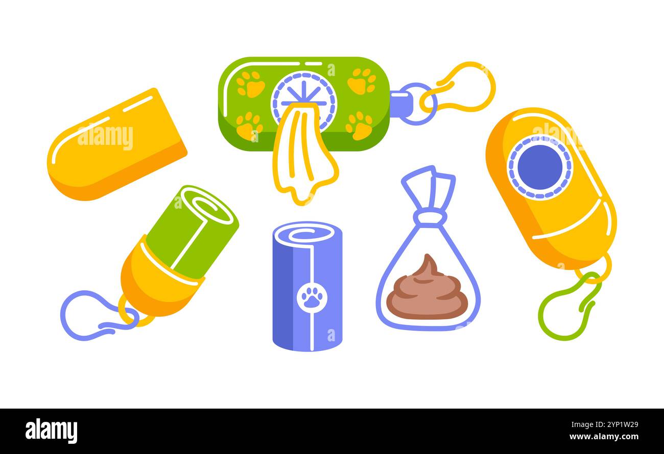 An extensive, colorful array of pet waste bags, convenient wipes, and dispensers designed for simple pet cleanup Stock Vector