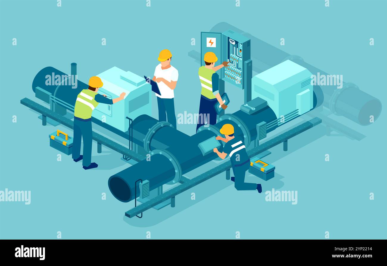 Isometric vector of an engineer worker team conducting factory ...
