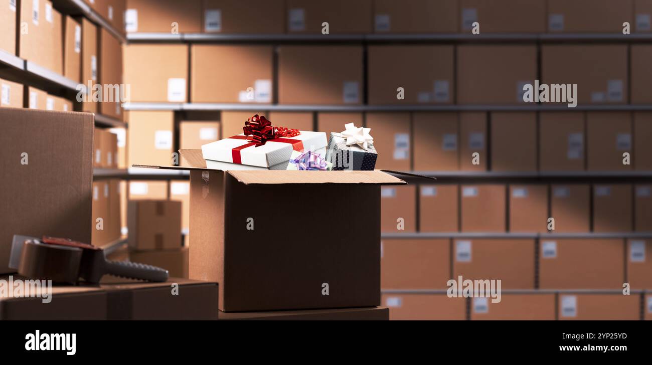 Christmas gifts in a big delivery box at the warehouse holidays and