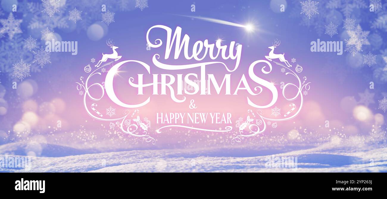 Christmas and Happy New Year wishes, snow falling in the background ...