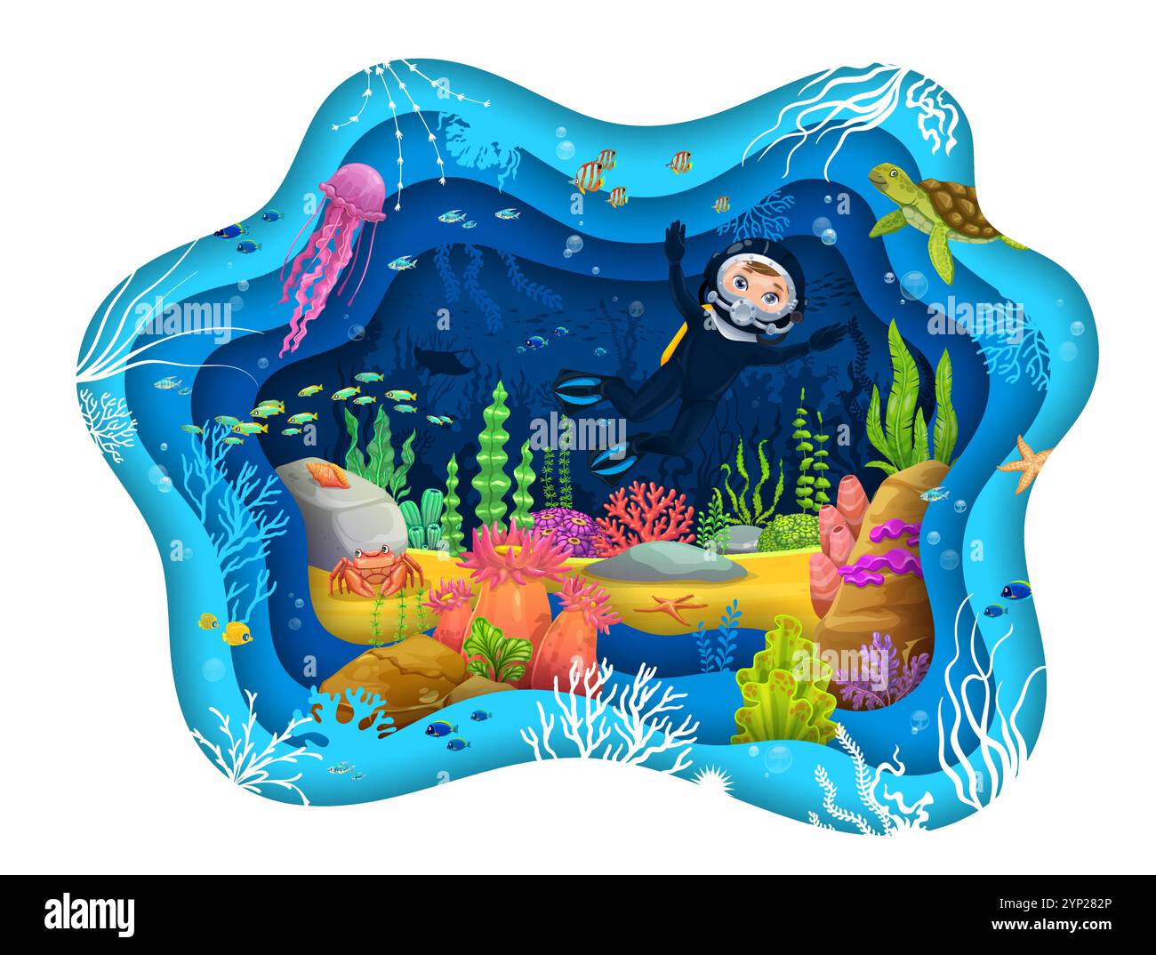 Kid scuba diver at underwater landscape on paper cut banner, cartoon ...