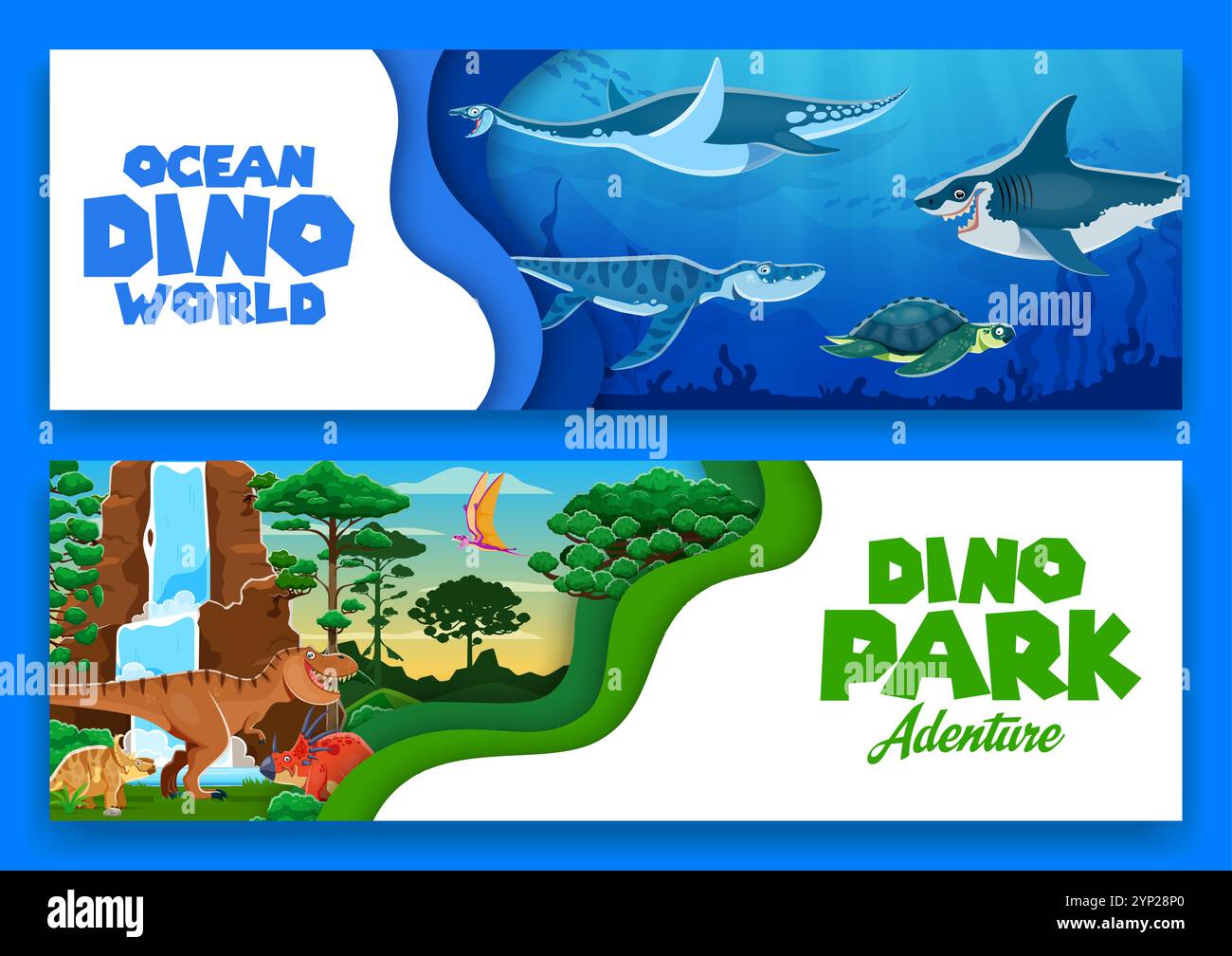 Paper cut banners with prehistoric dinosaurs and underwater dino ...