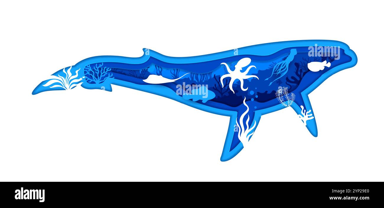 Cartoon whale silhouette with underwater landscape paper cut frame. Sea ...