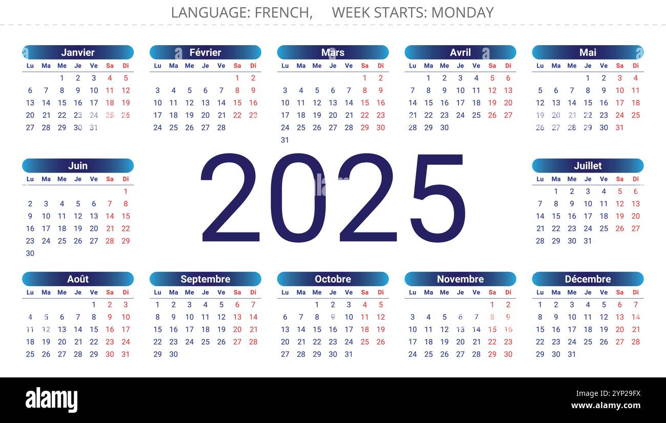 2025 french calendar calendrier. Vector illustration for France. 12 months in year Stock