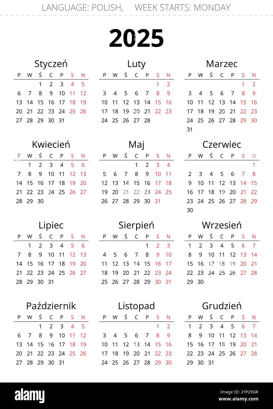2025 year polish calendar. Printable, editable vector illustration for