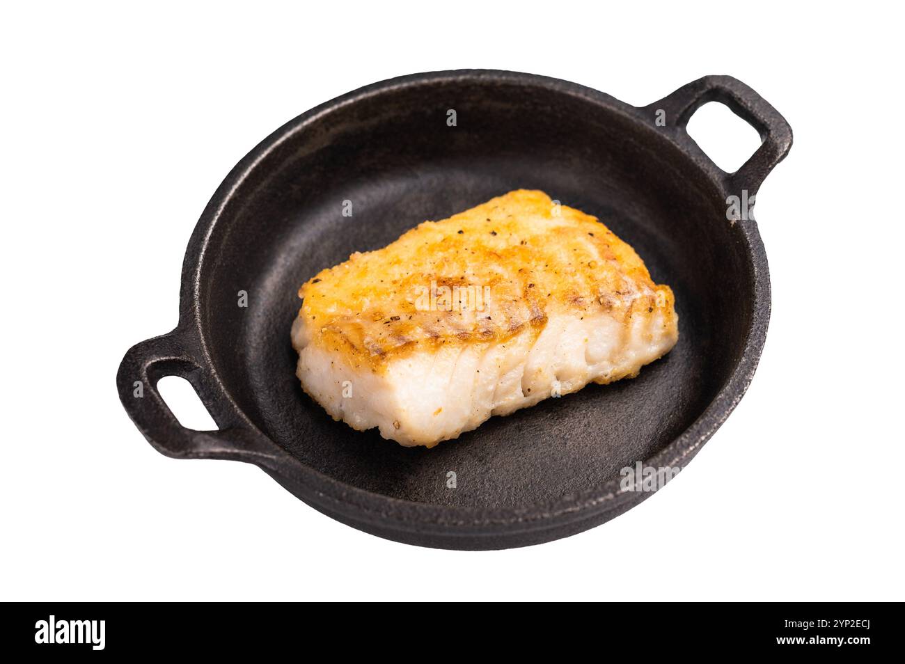 Roasted cod fish loin fiilet in skillet isolated on white background ...